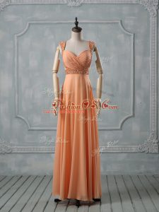 Orange Empire Beading and Ruching Prom Party Dress Criss Cross Chiffon Sleeveless Floor Length