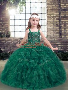 Affordable Dark Green Ball Gowns Organza Straps Sleeveless Beading and Ruffles Floor Length Lace Up Little Girls Pageant Dress