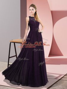 Dark Purple Empire Lace Evening Dress Zipper Chiffon Sleeveless Floor Length