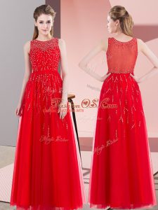 Floor Length Side Zipper Prom Evening Gown Red for Prom and Party with Beading