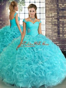 Aqua Blue Ball Gowns Fabric With Rolling Flowers Off The Shoulder Sleeveless Beading Floor Length Lace Up Quince Ball Gowns
