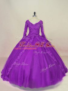 Artistic Purple Quinceanera Gown Sweet 16 and Quinceanera with Appliques V-neck Long Sleeves Lace Up