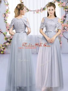 Floor Length Zipper Quinceanera Dama Dress Grey for Wedding Party with Lace and Belt