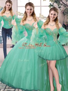 Dynamic Floor Length Three Pieces Sleeveless Turquoise Quince Ball Gowns Lace Up