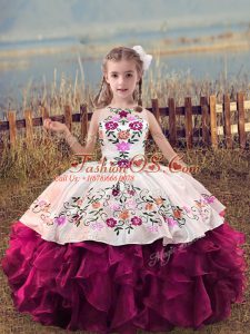 New Style Sleeveless Organza Floor Length Lace Up Kids Formal Wear in Fuchsia with Embroidery and Ruffles