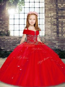 Straps Sleeveless Little Girl Pageant Gowns Floor Length Beading Red Tulle