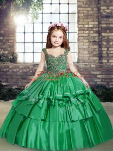 Graceful Floor Length Green Little Girls Pageant Gowns Straps Sleeveless Lace Up