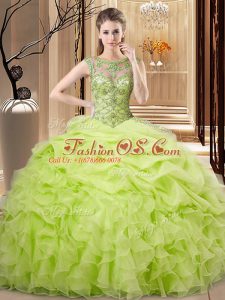 Fine Sleeveless Organza Floor Length Lace Up Sweet 16 Dresses in Yellow Green with Beading and Ruffles and Pick Ups