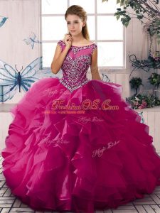 Fuchsia Scoop Zipper Beading and Ruffles Sweet 16 Dresses Sleeveless