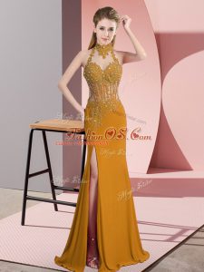 Lace and Appliques Prom Gown Gold Backless Sleeveless Floor Length
