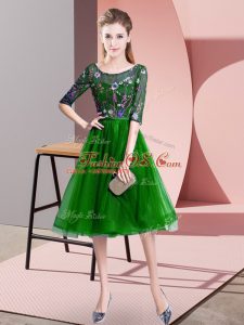 Comfortable Green Empire Tulle Scoop Half Sleeves Embroidery Knee Length Lace Up Wedding Guest Dresses