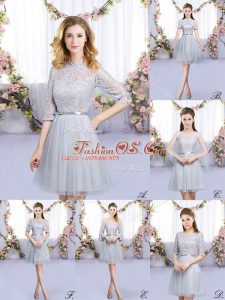 Grey Empire High-neck Half Sleeves Tulle Mini Length Zipper Lace and Belt Quinceanera Court Dresses