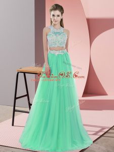Custom Fit Halter Top Sleeveless Zipper Quinceanera Dama Dress Apple Green Tulle