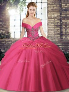 Beading and Pick Ups Sweet 16 Dresses Hot Pink Lace Up Sleeveless Brush Train