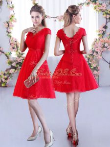 Custom Design Red V-neck Lace Up Lace Bridesmaid Gown Cap Sleeves