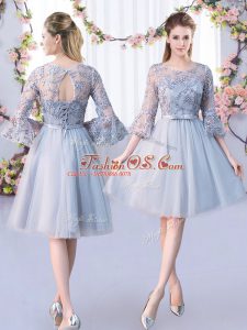 Sexy Scoop 3 4 Length Sleeve Dama Dress for Quinceanera Knee Length Lace and Belt Grey Tulle