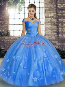 Charming Off The Shoulder Sleeveless Sweet 16 Dress Floor Length Beading and Appliques Baby Blue Tulle