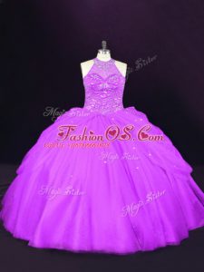Custom Design Purple Tulle Lace Up Halter Top Sleeveless Quinceanera Dress Beading