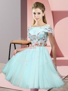Fantastic Short Sleeves Knee Length Appliques Lace Up Dama Dress for Quinceanera with Apple Green