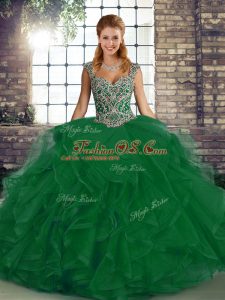 Straps Sleeveless Tulle Sweet 16 Dress Beading and Ruffles Lace Up