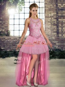 Pink Sleeveless High Low Beading Lace Up Prom Dresses