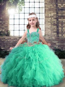 Turquoise Sleeveless Beading and Ruffles Floor Length Pageant Dress for Womens