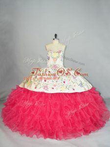 White And Red Organza Lace Up Quinceanera Dress Sleeveless Floor Length Embroidery and Ruffles