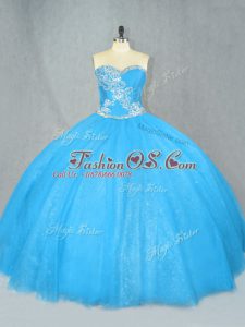 Clearance Blue Lace Up Sweet 16 Dress Beading Sleeveless Floor Length