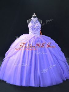 Best Selling Floor Length Lavender Sweet 16 Quinceanera Dress Halter Top Sleeveless Lace Up