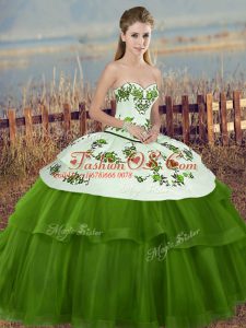 Green Quinceanera Gown Military Ball and Sweet 16 and Quinceanera with Embroidery and Bowknot Sweetheart Sleeveless Lace Up