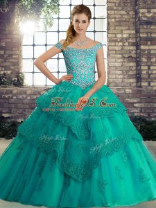 Shining Turquoise Quinceanera Gowns Off The Shoulder Sleeveless Brush Train Lace Up