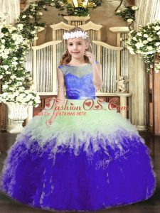 Hot Selling Multi-color Ball Gowns Tulle Scoop Sleeveless Lace and Ruffles Floor Length Backless Little Girls Pageant Dress