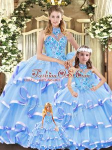 Deluxe Blue Sleeveless Embroidery and Ruffled Layers Lace Up Quinceanera Gowns