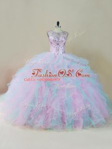 Multi-color Ball Gowns Scoop Sleeveless Organza Floor Length Lace Up Beading and Ruffles Quinceanera Dress
