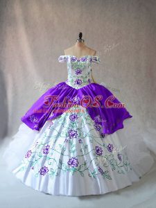 White And Purple Sleeveless Floor Length Embroidery and Ruffles Lace Up Quince Ball Gowns