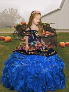 Nice Blue Lace Up Straps Embroidery and Ruffles Kids Formal Wear Organza Sleeveless
