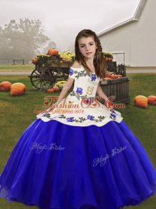 Royal Blue Ball Gowns Straps Sleeveless Organza Floor Length Lace Up Embroidery Child Pageant Dress