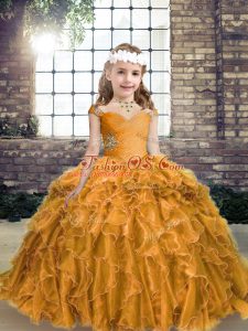 Lovely Gold Ball Gowns Beading and Ruffles Pageant Gowns For Girls Lace Up Organza Sleeveless Floor Length