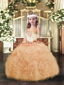Organza Straps Sleeveless Lace Up Beading and Ruffles and Pick Ups Little Girl Pageant Gowns in Peach