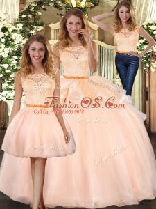 Captivating Peach Three Pieces Lace 15 Quinceanera Dress Zipper Organza Sleeveless Floor Length