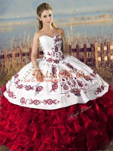 Free and Easy Floor Length Lace Up Quinceanera Dresses Red for Sweet 16 and Quinceanera with Embroidery and Ruffles