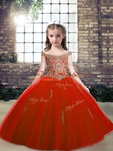 Dazzling Red Off The Shoulder Lace Up Beading and Appliques Kids Pageant Dress Sleeveless
