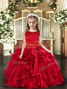 Cute Ball Gowns Little Girls Pageant Dress Red Scoop Organza Sleeveless Floor Length Lace Up