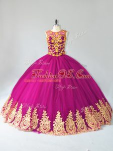 Charming Sleeveless Floor Length Beading and Appliques Lace Up 15th Birthday Dress with Fuchsia