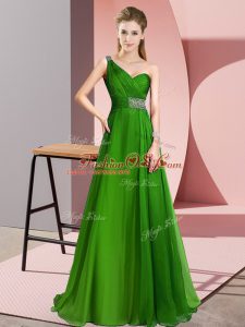 One Shoulder Sleeveless Homecoming Dress Online Brush Train Beading Green Chiffon