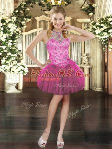 Pretty Fuchsia Ball Gowns Halter Top Sleeveless Tulle Mini Length Lace Up Beading and Ruffles Homecoming Dress