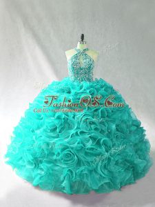 Edgy Brush Train Ball Gowns Quince Ball Gowns Aqua Blue Halter Top Organza Sleeveless Lace Up