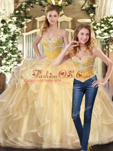 Hot Sale Floor Length Champagne Ball Gown Prom Dress Organza Sleeveless Beading and Ruffles
