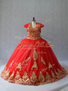 Red Sweetheart Lace Up Beading and Appliques Quinceanera Dress Court Train Sleeveless