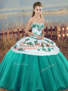 On Sale Turquoise Tulle Lace Up Quince Ball Gowns Sleeveless Floor Length Embroidery and Bowknot